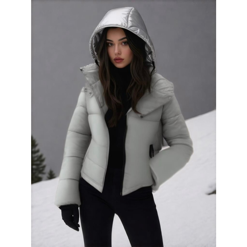 NWT Kenneth Cole Womens Puffer Jacket Hooded Size XS Silver Gorpcore Outdoor Ski